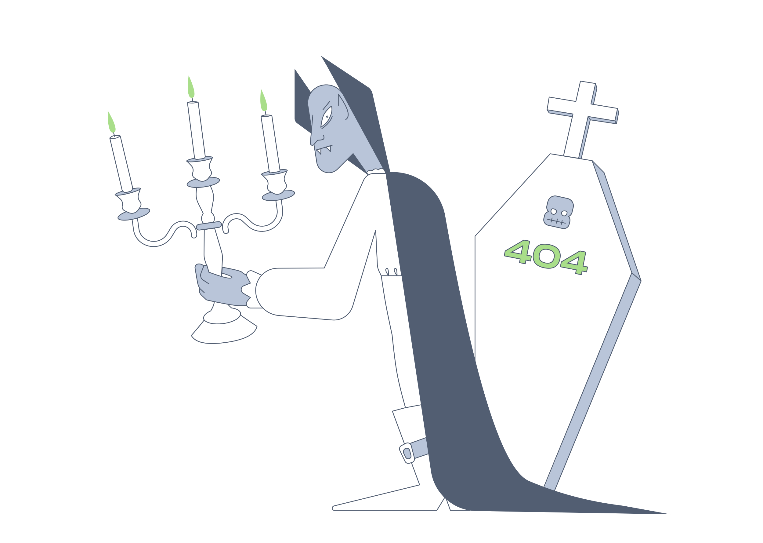 A spooky vampire with a 404 coffin.