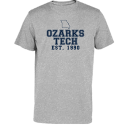 Unisex Short Sleeve Triblend Tee in Athletic Heather w/ Ozarks Tech & Small Missouri Outline
