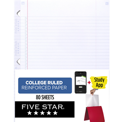 Five Star Reinforced Filler Paper 80 Sheets College Ruled